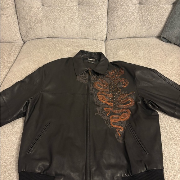 Pelle Pelle Black Leather Bomber Jacket with Orange Design